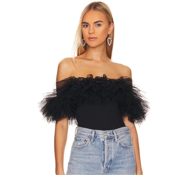 Free People Tops - NWT Free People Big Love Black Tulle Ruffle Bodysuit XS